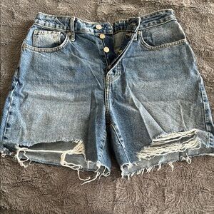 High-Rise Distressed Denim Shorts - Blue